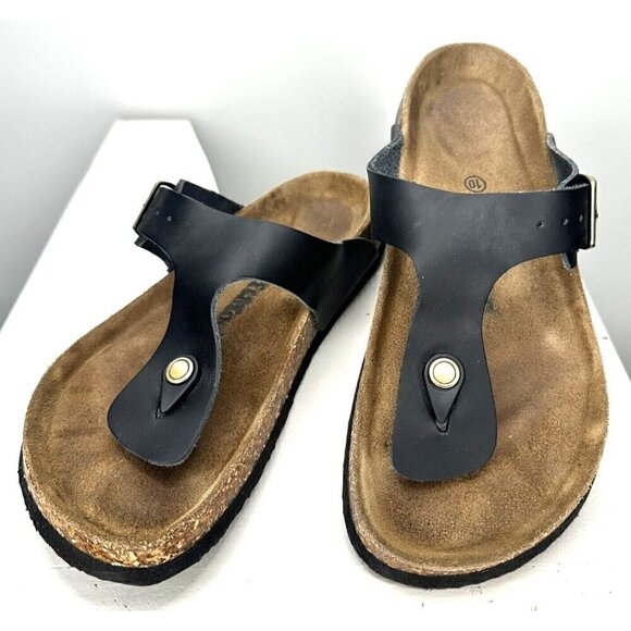 SoftMoc Womens Thong Sandals Leather Flats Brass Buckle Summer Black Size 10 - Picture 1 of 11